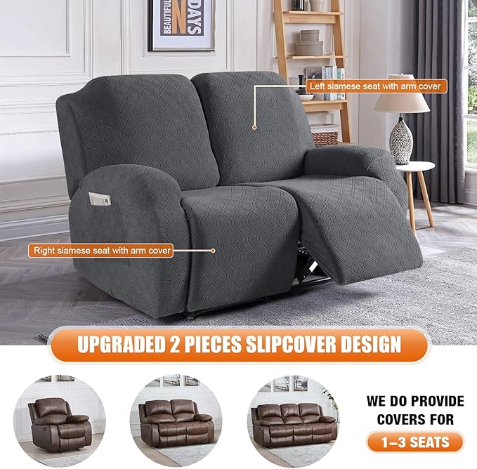 VANSOFY Oversized Recliner Cover, 2-Pieces Stretch Reclining Couch Cover with Pockets Loveseat Sofa Slipcovers Soft Washable Furniture Protector for Dogs Cats(Charcoal Gray)
