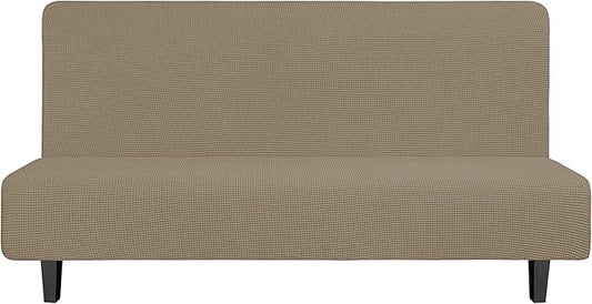 Easy-Going Stretch Futon Slipcover Armless Futon Bed Cover Furniture Protector Without Armrests with Elastic Bottom for Kids, Soft Jacquard Fabric Small Checks (Large, Natural)