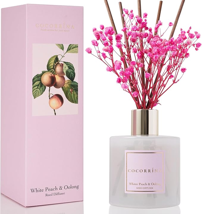 Cocorr??na Reed Diffuser Sets - 6.7 oz. White Peach& Oolong Scented Diffuser with 8 Sticks Home Fragrance Reed Diffuser for Bathroom Shelf Decor