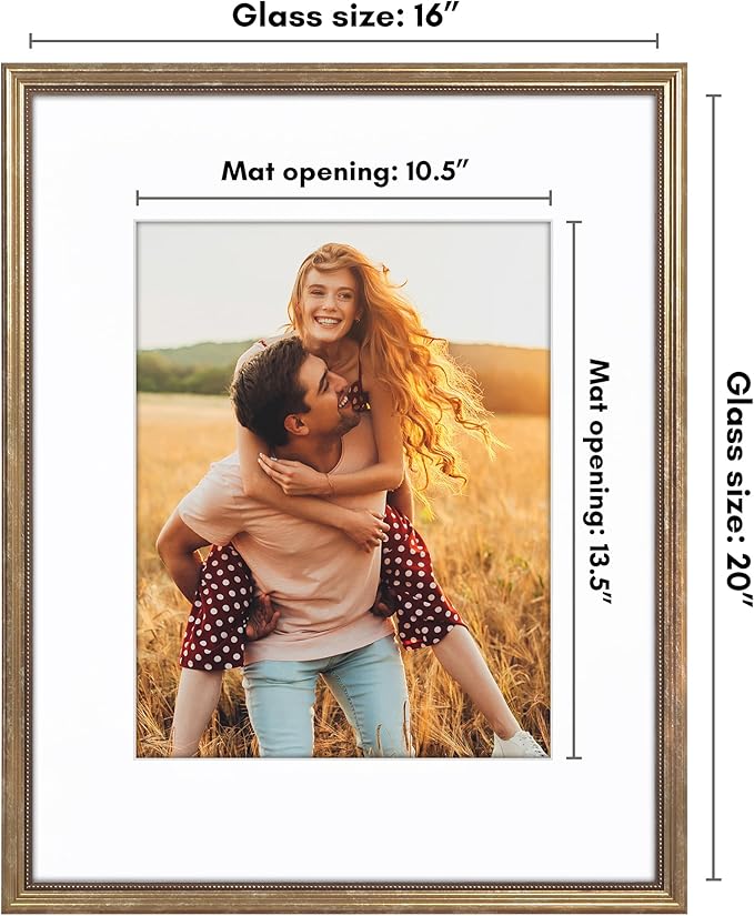 Americanflat Vintage Frames - 16x20 Picture Frame with Beaded Accents and Polished Plexiglass - Use as 11x14 Frame or Display 16x20 Photos Without Mat - Heirloom Collection - Wall Display - Gold