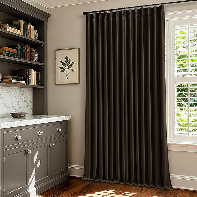 Dark Brown Pleated Double Layer Thick Linen Curtains 90 Inches Long for Bedroom Living Room Memory Trained Pinch Pleat 100% Blackout Thermal Noise Blocking Rustic Windows Drapes 2 Panels Set