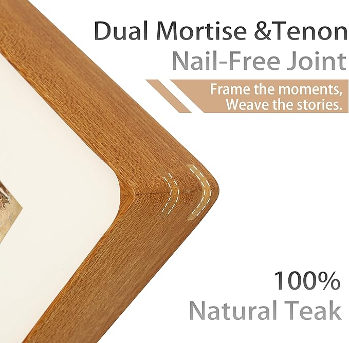 6x8 Picture Frame with Mat for 5x7, Natural Teak Wood Handcrafted Rounded Corner with Real Glass, Vertical or Horizontal Display Photo Gallery Wall & Tabletop Frame