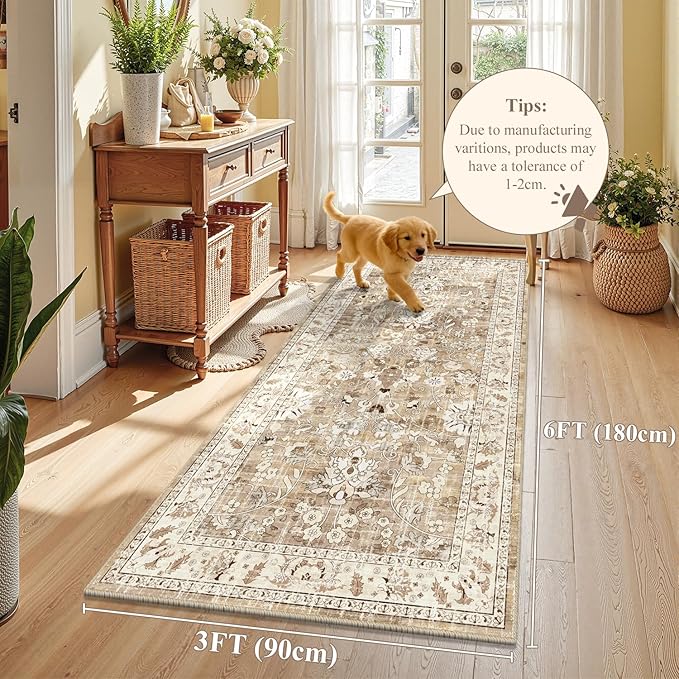 LOKHOM Washable Runner Rug, 3x6 Non-Slip Vintage Hallway Runner Rug with Rubber Backing, Boho Soft Distressed Kitchen Rugs Floor Carpet Runner for Kitchen Laundry Bedroom (Beige Brown)