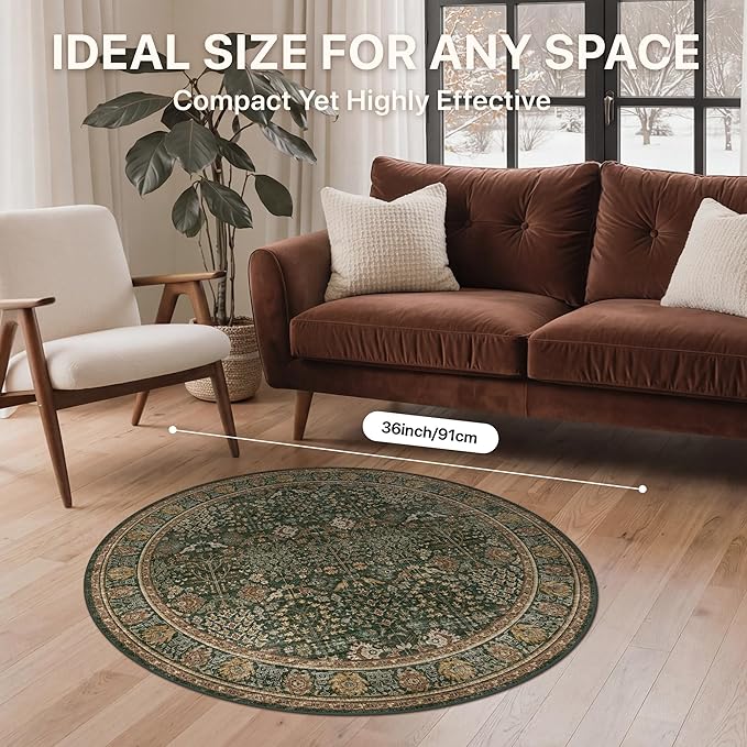 Bavni Round Rug 3ft-Machine Washable Area Rugs Non-Slip for Bedroom, 3x3 Vintage Floral Rug Distressed Throw Carpet for Living Room Nursery Kitchen Bathroom, Dark Green/Multi