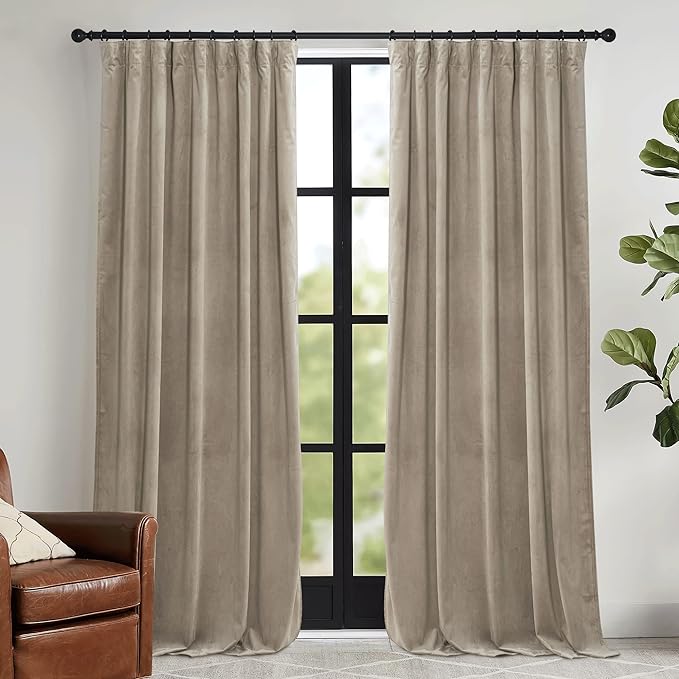 RYB HOME Camel Beige Velvet Curtains with Hook Tape, Thermal Insulated Privacy Protect Decorative Drapes for Home Theater, W 62 x L 84 inches, 2 Panels Set