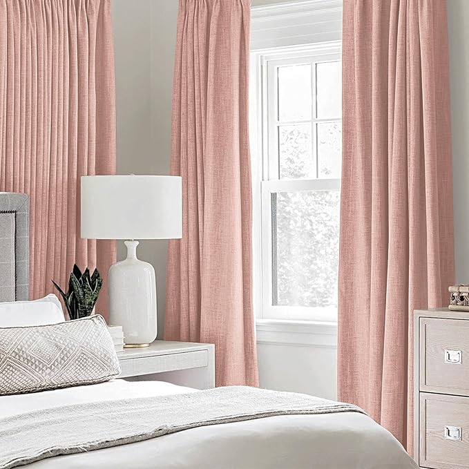 MIULEE Linen Curtains for Bedroom 100% Blackout Thermal Insulated Blush Pink Grommet Room Darkening Curtains & Drapes for Living Room Nursery 52 x 63 Inch (2 Panels)