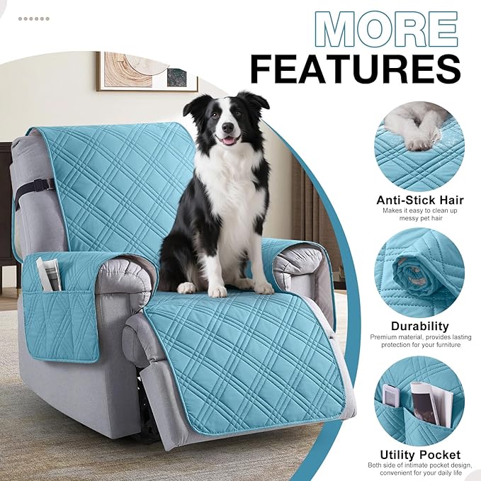 TAOCOCO 100% Waterproof Recliner Chair Cover, Non Slip Recliner Covers for Recliner Chair with Pocket, Washable Reclining Chair Cover Furniture Protector for Kids, Pets(23.6'', Sky Blue)