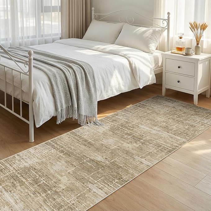 2x8 Washable Kitchen Runner Rug - Modern Abstract Neutral Carpet with Non-Slip Backing Low-Pile Stain-Resistant Thin Runners for Hallway Bathroom Bedroom Entryway (2x8，Tan/Brown)
