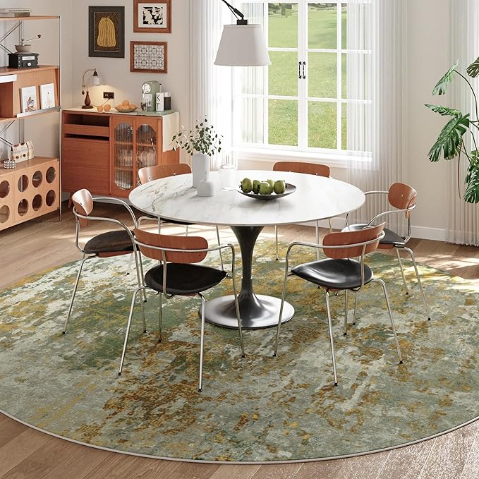 Green Round Area Rugs 4ft Washable Circle Rug for Entryway Kitchen, Non Slip Soft Low Pile Stain Resistant, Boho Circular Carpet for Living Room Bedroom Dorm Dining Room Table, Abstract Sage Green