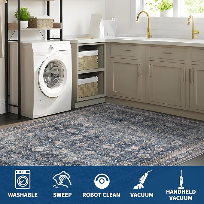 GarveeHome 5x7 Area Rugs for Living Room Machine Washable Vintage Boho Carpet Non Slip Ultra Soft Non-Shedding Throw Rug Low Pile Lightweight Indoor Floor Carpet for Bedroom Nursery Denim