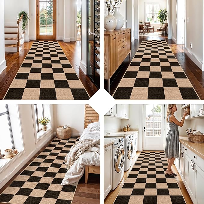 3x10 Runner Rug for Hallways: Washable Non Slip Kitchen Extra Long Jute Runners - Carpet for Bathroom Office Dining Living Room - Durable Floor Mat Boho Farmhouse Decor (Black,3x10)