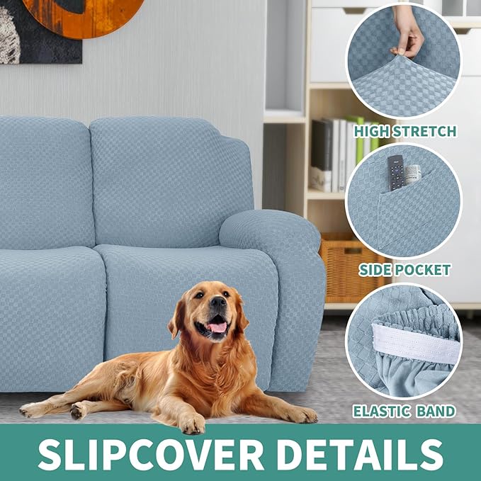 YEMYHOM 4 Pieces Stretch Recliner Slipcover Latest Jacquard Recliner Chair Cover with Side Pocket Anti-Slip Fitted Recliner Cover Couch Furniture Protector with Elastic Bottom (Recliner, Light Blue)
