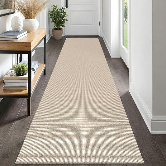 IOHOUZE Washable Runner Rug 2.6x12 Non Slip Rubber Backed Extra Long Hallway Runner Entryway Runner Indoor, Kitchen Rugs Woven Cotton Floor Carpet for Hall Entrance, Beige/Khaki
