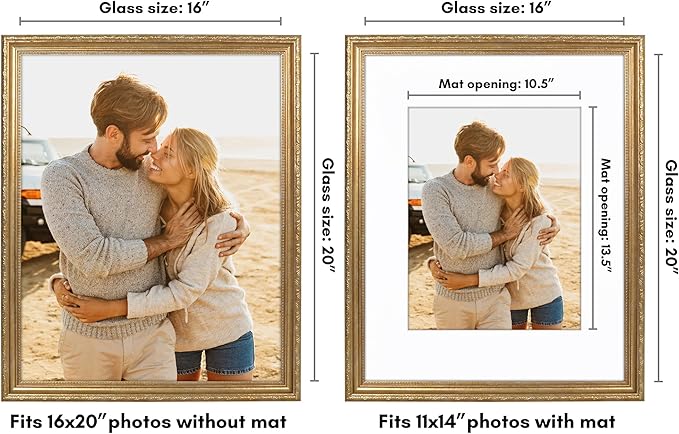Americanflat 16x20 Picture Frame with Polished Plexiglass - Use as 11x14 Frame with Mat or Display 16x20 Photo Without Mat - Ornate Picture Frames for Wall Display - Gold
