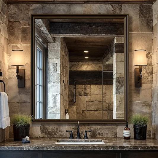 Retro Copper Effect Framed Wall Mirror, 36x40 Rectangle Mirror, Anti-desilvering Tempered Glass, Sustainable& Sturdy Frame, Farmhouse Mirror, Anti-Rust, 3min Fast Setup for Bathroom Living Room
