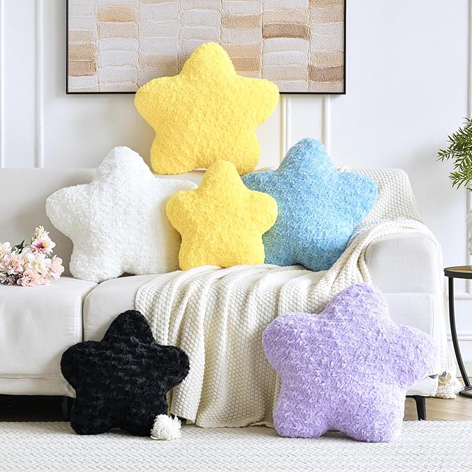 Star Pillow, 19.7" Star Shaped Plush Pillow for Couch Bed Sofa, Cute Decorative Throw Pillows with Soft Faux Fur Room Decor for Bedroom Living Room (Yellow)