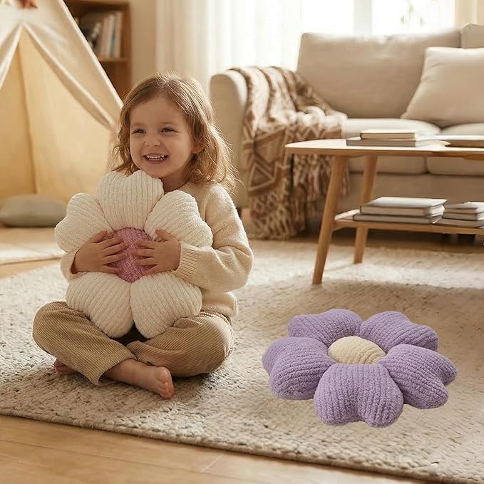 2 Pcs Lavender Decorative Throw Pillows, 15'' Cute Daisy Flower Shaped Pillow Floor Seating Cushion for Bed Couch Sofa Bedroom Room Dorm Decor (Lavender & Ivory)