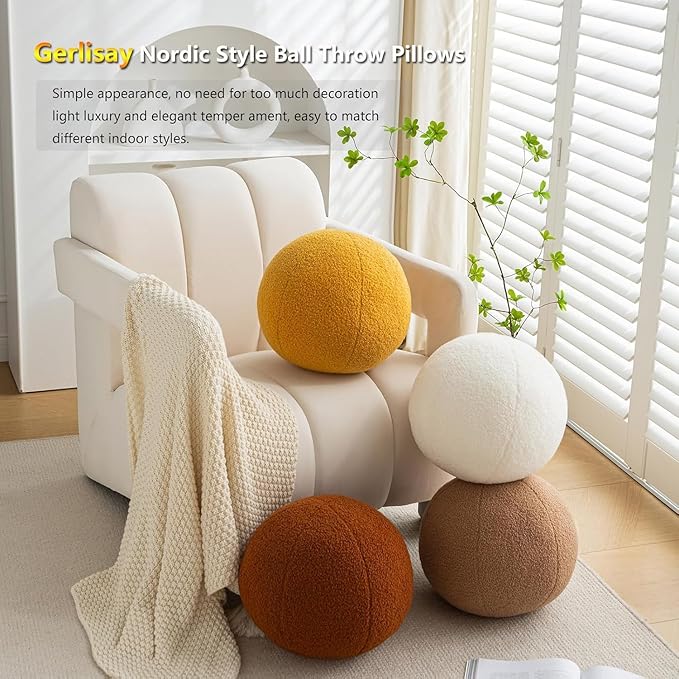 11.8 inch Ball Pillow Round Decorative Pillow Grey Sphere Shaped Throw Pillows Soft Nordic Style Boucle Pillows Cushion for Bed Couch Living Sofa Room Decor
