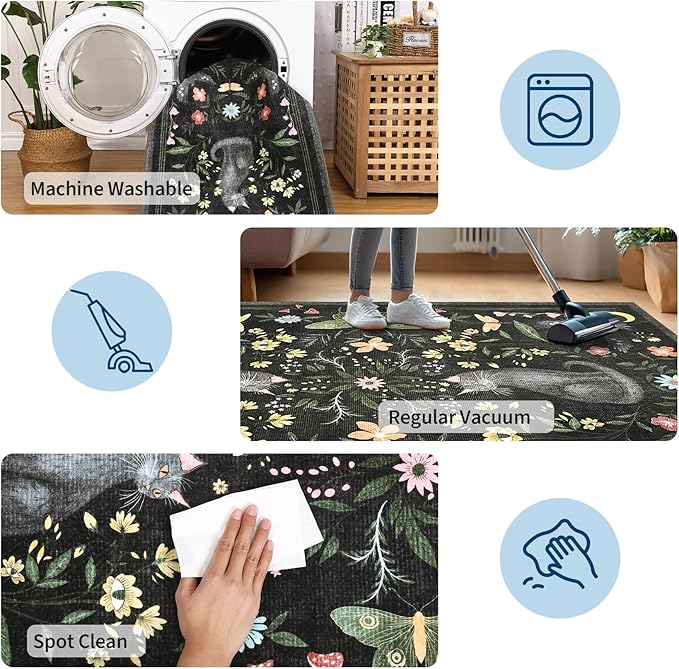 GarveeHome 4x6 Cat Washable Area Rug for Nursery Room, Mushroom Floral Black Bedroom Rug Non Slip Low Pile Butterfly Carpet Stain Resistant Throw Rug for Dorm Kids Room Office Dining Room