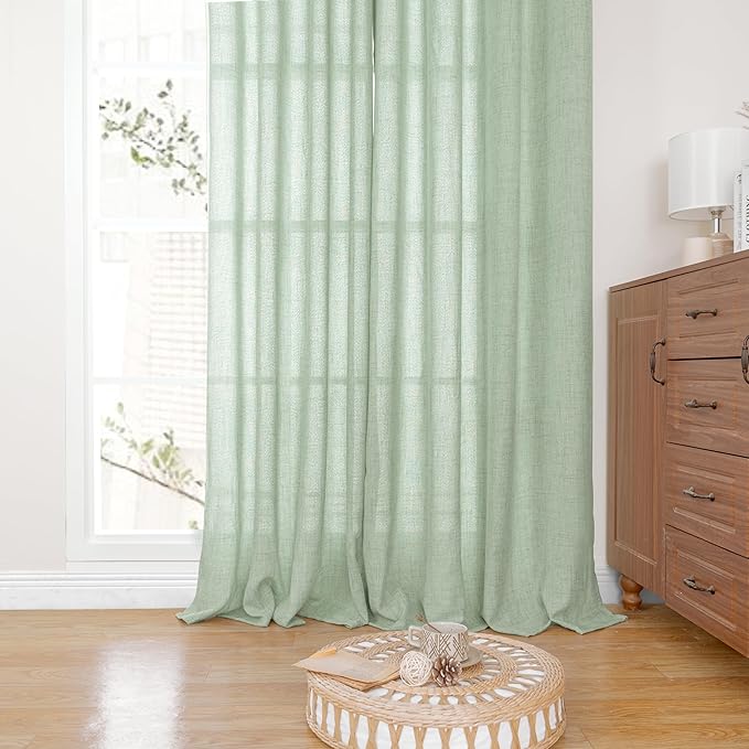 YoungsTex Sage Green Linen Curtains 80 Inches Long for Living Room, Bronze Grommet Textured Semi Sheer Drapes Privacy Light Filtering Window Treatments for Bedroom Dining, 52 x 80 Inch, 2 Panels