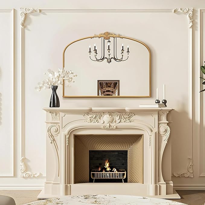 Besdomus Antique Arched Gold Mirror: 40"x29" French Large Vintage Vanity Wall Mounted Mirror - Baroque Decorative Traditional Ornate for Bedroom/Bathroom/Fireplace/Entryway - Home Decor for Homemakers