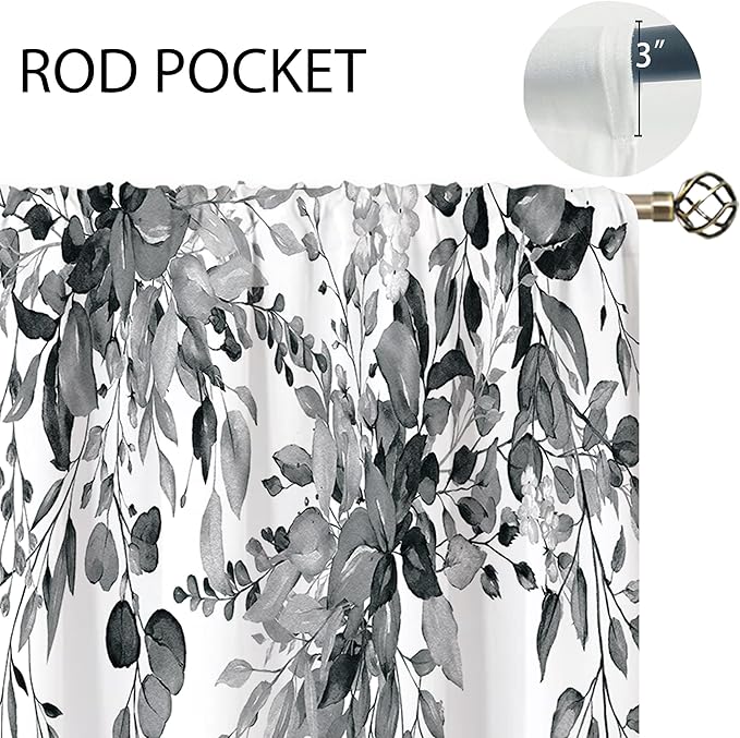 Grey Eucalyptus Botanical Leaves Floral Window Curtains Watercolor Black White Flower Plant Wildflower Farmhouse Curtain Drapes Herb Curtains for Bedroom Living Room Treatment 52Wx84H Inch