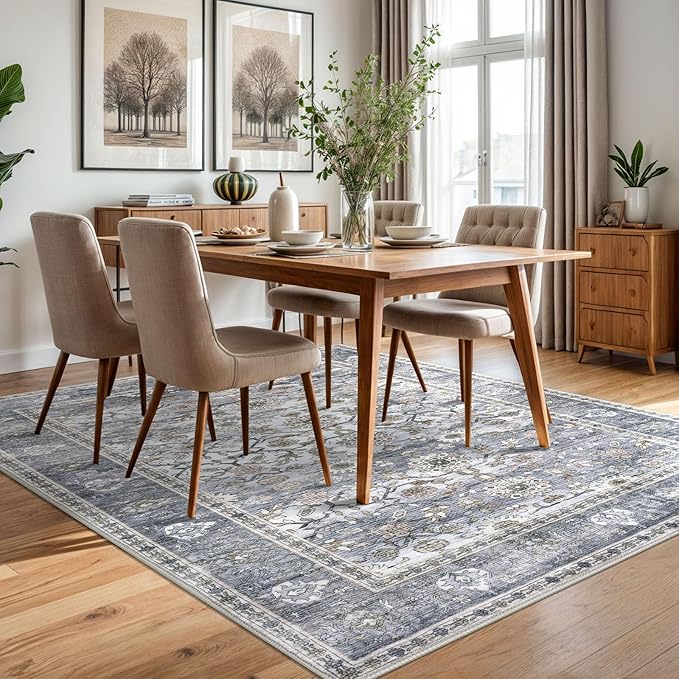 KUTA Vintage Area Rugs 5x7 Grey Blue, Washable Rugs for Living Room Ultra Thin Soft Non-Slip Printed Distressed Tribal Traditional Farmhouse Carpet for Bedroom Dining Room Dorm Office Home