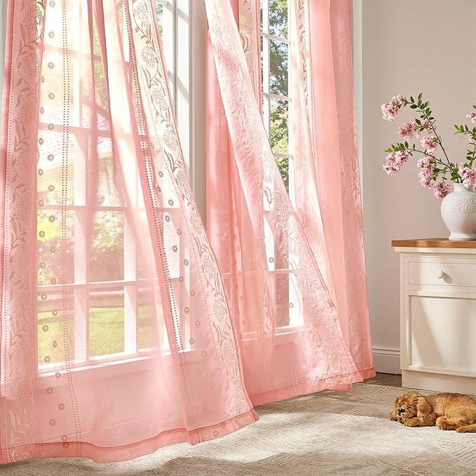 jinchan Winslow Pink Sheer Curtains 84 Inch for Bedroom Living Room Embroidered Bordered Floral Nursery Curtains for Girls Room Dorm Light Filtering, Beige on Pink, 2 Panels, 50W x 84L