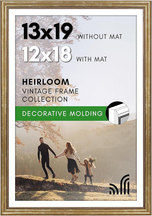 Americanflat Vintage Frames - 13x19 Picture Frame with Beaded Accents and Polished Plexiglass - Use as 12x18 Frame or Display 13x19 Photos Without Mat - Heirloom Collection - Wall Display - Gold