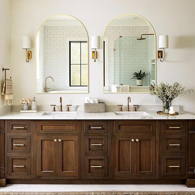 Vanity Bathroom Mirror for Wall, 2 Pack 36”x24” Arched Bathroom Mirror for Over Sink, Arched Metal Frame for Bedroom, Living Room, Entryway, Hanging or Leaning, Gold