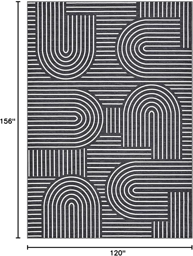 ROYHOME Washable Rug 10x13 Area Rugs for Living Room, Abstract Rug for Bedroom, Soft Rainbow Rugs with Rubber Back, Low Pile Stain Resistant Boho Geometric Rug for Dining Room, Black