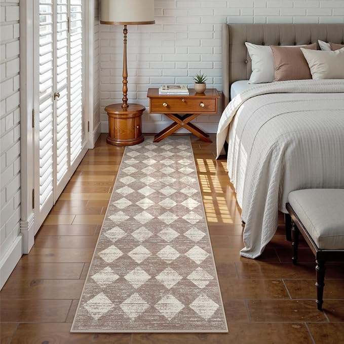 Lahome Zelie Moroccan Treills 2x8 Washable Hallway Runner Rug, Non Slip Bathroom Kitchen Carpet Runners, Checkered Modern Soft Runner for Entryway Living Room, Beige