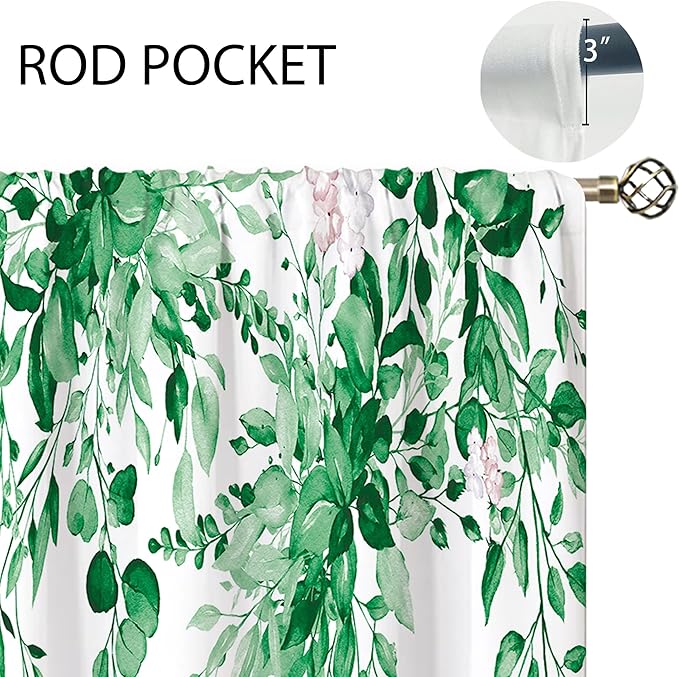 Emerald Teal Eucalyptus Botanical Leaves Floral Kitchen Window Curtains Over Sink Farmhouse Flower Spring Small Treatment Cafe Short Curtains for Bathroom Treatment Tier Drapes 27.5x39 inch