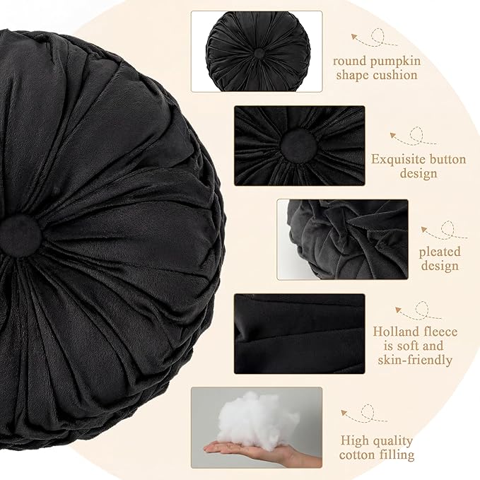 Drydiet 1 Pcs Round Throw Velvet Pillows Decorative Pleated Throw Pillows 15'' Diameter Accent Pumpkin Boho Chair Cushion for Couch Sofa Home Decoration (Black)