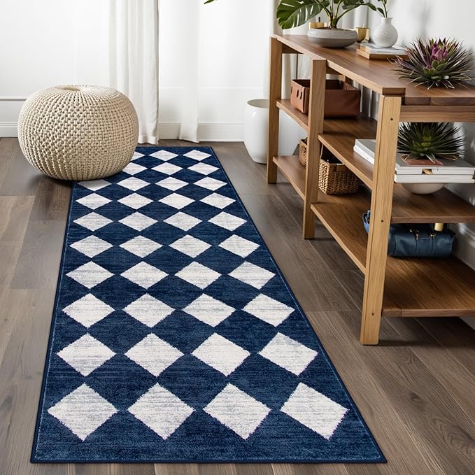 Lahome Zelie Checkered Washable Runner Rug,2x6 Rug Runners for Hallways Non Slip,Blue Kitchen Runner Rug,Moroccan Trellis Soft Low Pile Carpet Runners for Entryway Laundry Room Bathroom(2'x6',Blue)