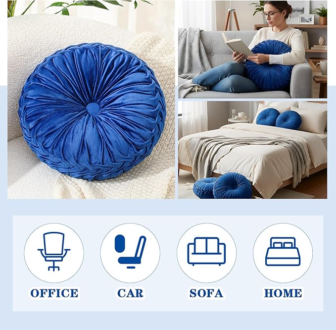Drydiet 1 Pcs Round Throw Velvet Pillows Decorative Pleated Throw Pillows 15'' Diameter Accent Pumpkin Boho Chair Cushion for Couch Sofa Home Decoration (Navy Blue)