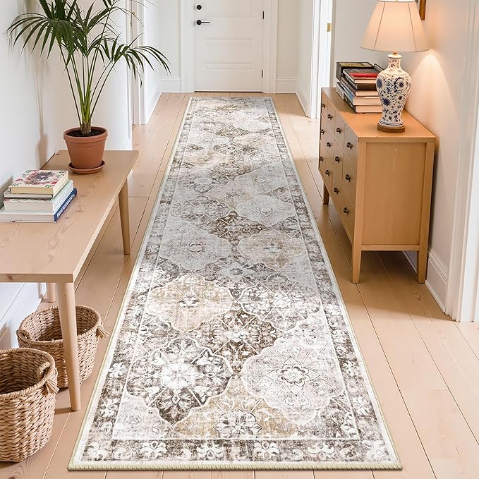 Ileading Washable Hallway Runner Rugs, 2x10 Non Slip Runners Area Rug for Entryway Kitchen Bathroom Bedroom Laundry Living Room, Long Narrow Low-Pile Floor Carpet Boho Vintage Throw Mat for Kids Room