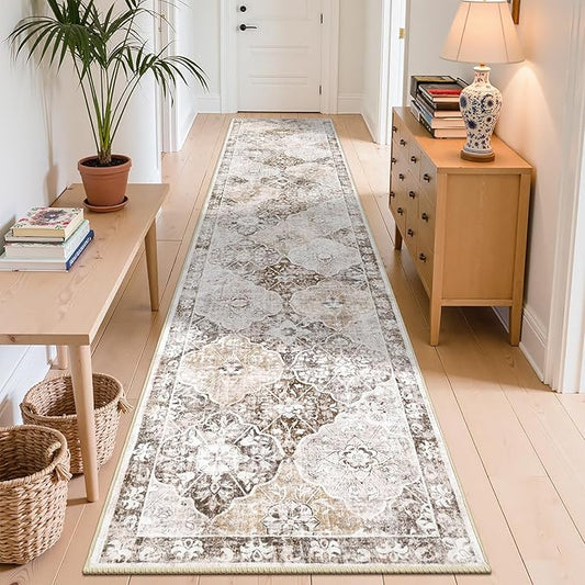 Ileading Washable Hallway Runner Rugs, 2x10 Non Slip Runners Area Rug for Entryway Kitchen Bathroom Bedroom Laundry Living Room, Long Narrow Low-Pile Floor Carpet Boho Vintage Throw Mat for Kids Room