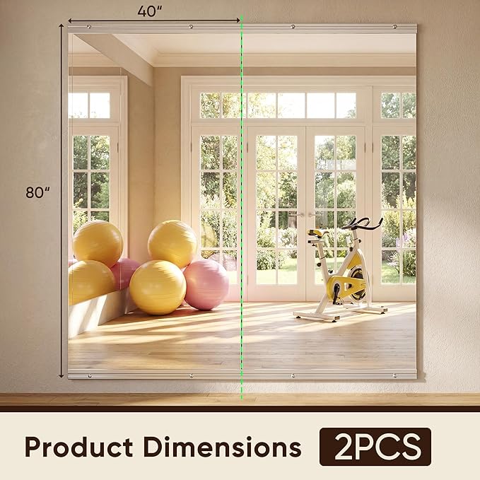 Antok Home Gym Mirror 80"x40" 2PCS, Large Full Length Wall Mounted Mirrors, Frameless Tempered Glass Full Body Mirror for Gym Yoga Dance Studio Garage Bedroom & Bathroom