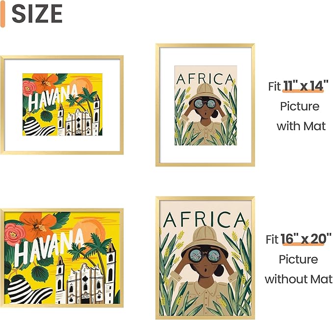 upsimples 16x20 Picture Frame, Display Pictures 11x14 with Mat or 16 x 20 Without, Wall Hanging Poster Frame, Gold, 1 Pack