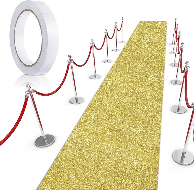 Tatuo Carpet Runner 2.46 x 30 ft Runway Rug 55 GSM Thickness with Carpet Tape for Prom Graduation Wedding Outdoor Indoor Hallway Movie Party Decoration Rug(2.46 x 30 Feet,Glitter Gold)