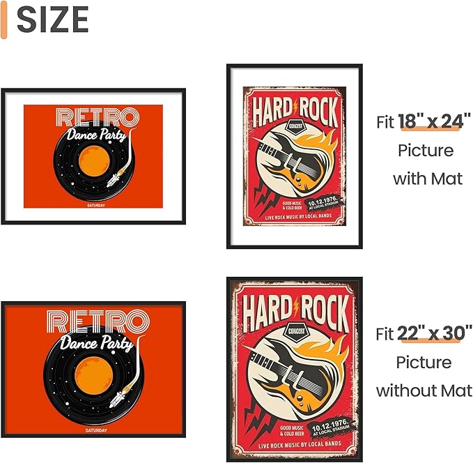 upsimples 22x30 Picture Frame, Display Pictures 18x24 with Mat or 22 x 30 Without, Wall Hanging Poster Frames, Black, 1 Pack