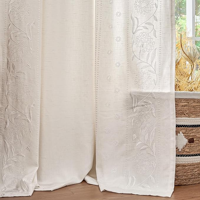 jinchan Winslow Lined Linen Curtains for Bedroom 84 Inches Linen Blended Embroidered Bordered Floral Curtains for Living Room Farmhouse Decor Window Treatments White on White Drapes 2 Panels
