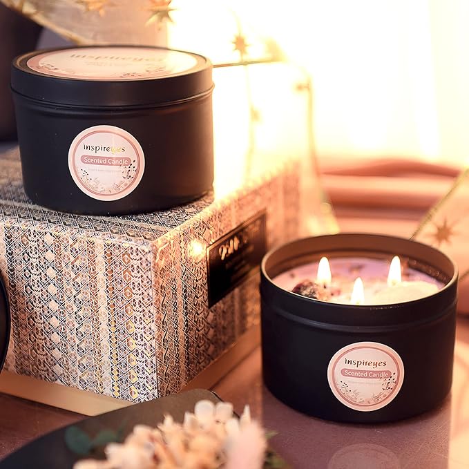 Scented Candles Set with Crystal, 3 Wick Candle 19 oz Soy Wax Aromatherapy Meditation Candles, Large Manifestation Candle with Large Energy Stones, Birthday Gifts for Women