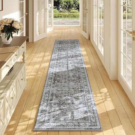 Rugcomf Washable Kitchen Runner 2'7"x12' - Long Hallway Runner Rug Non Slip, Boho Carpet for Hallways, Entryway, Hall, Bathroom - Grey
