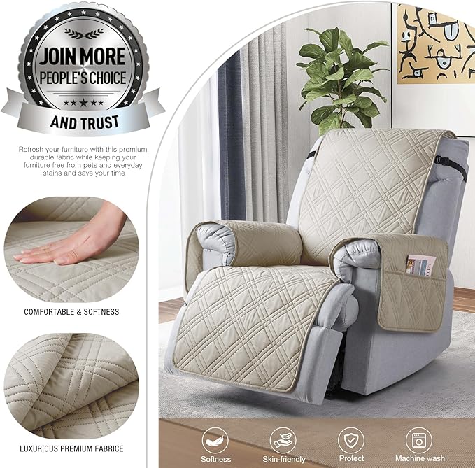 TAOCOCO 100% Waterproof Recliner Chair Cover, Oversized Recliner Covers for Large Recliner Chair with Double Straps, Non Slip Reclining Chair Cover for Kids, Pets(28'', Cream)