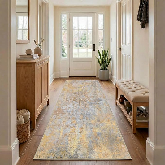 Beige Gold Rug Runners for Hallways Kitchen 2.6x8 Non Slip Washable Entryway Runner Rugs with Rubber Backing 8ft Long Carpet Runner for Laundry Bedroom, Low Pile Stain & Fade Resistant