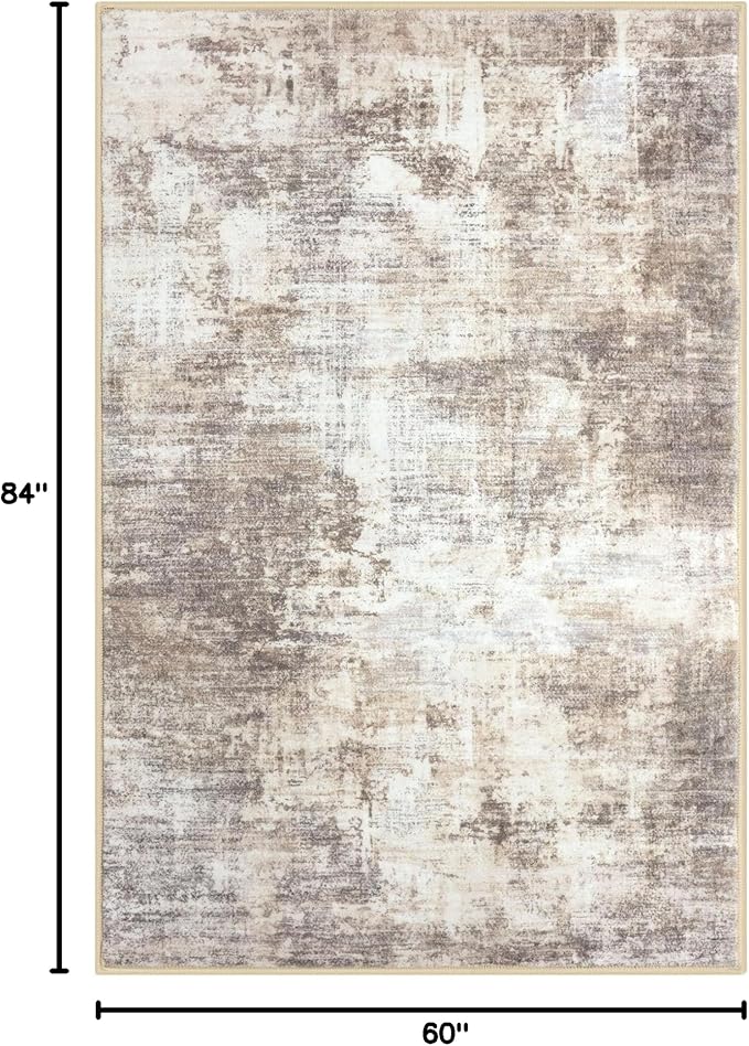 IOHOUZE Abstract Area Rugs 5x7 Ft Washable Rugs for Living Room, Non Slip Dining Room Rug, Printed Faux Wool Rugs for Bedroom, Floor Carpet for Office Nursery Playroom, Beige Brown