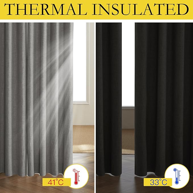 NICETOWN Grizzle Gray Vintage Linen 100% Blackout Curtains for Living Room, Thermal Insulated Curtains 90" Long, Noise Reducing Window Treatment Drapes for Hall Room, 42" Wide Per Panel, Set of 2