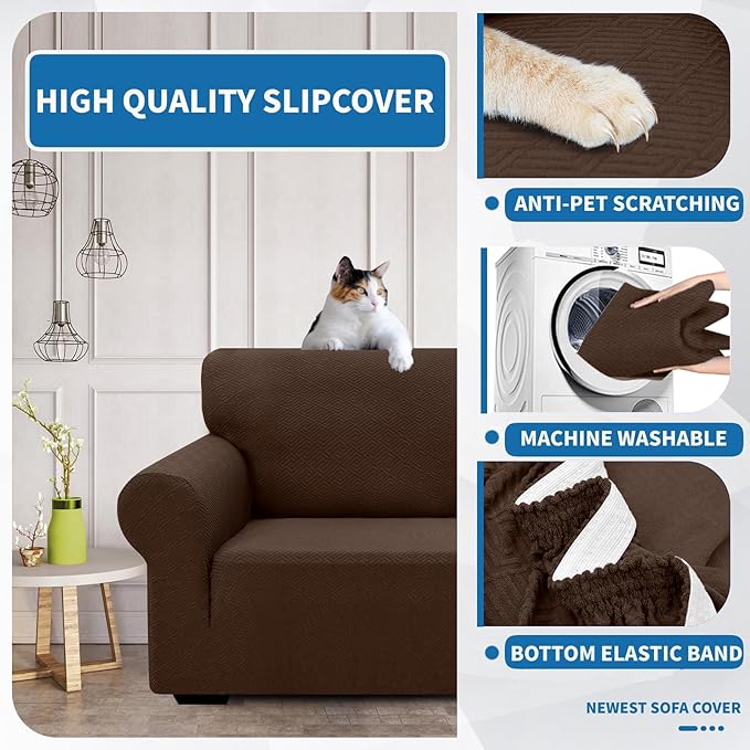 XINEAGE 2026 New Extra Large Couch Cover for 3 Cushion Couch (91"-110") 1 Piece Stretch Oversized Sofa Slipcovers Jacquard 4 Seater Furniture Protector Elastic Bottom for Kids,Pet (XL Sofa, Coffee)